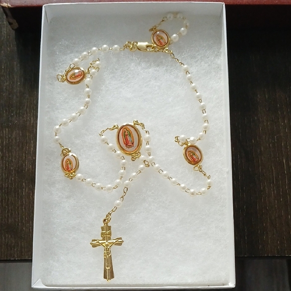 Gold and White Rosary Necklace - Picture 1 of 6